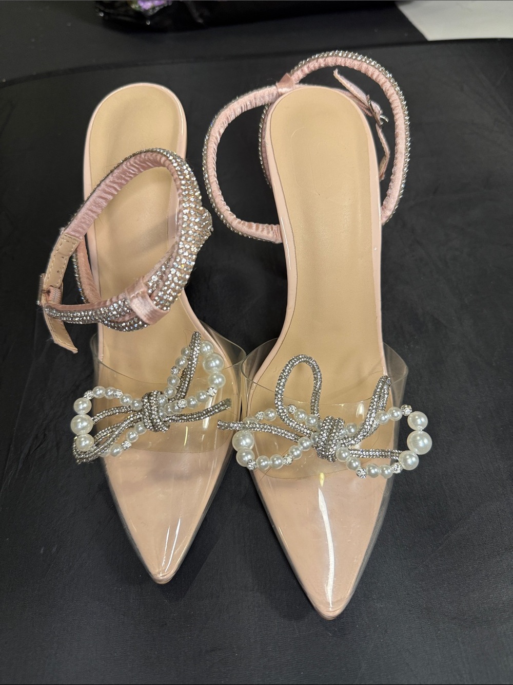 Pearl & Crystal Embellished Nude Slingback Heels